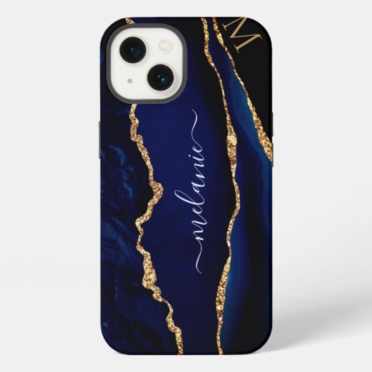 Agate Navy Blauwe Gouden Glitter Monogram iPhone H Hoesje (Achterkant)