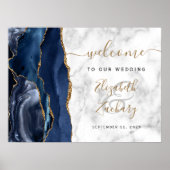Agate Navy Blauwe Gouden Marmeren Trouwbegroeting Poster (Voorkant)