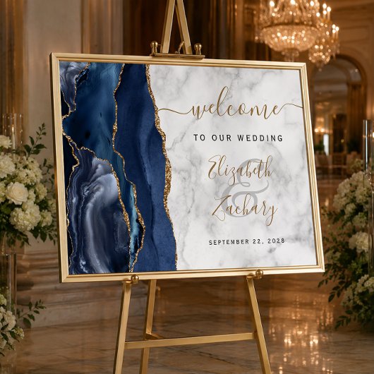 Agate Navy Blauwe Gouden Marmeren Trouwbegroeting Poster