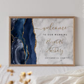 Agate Navy Blauwe Gouden Marmeren Trouwbegroeting Poster