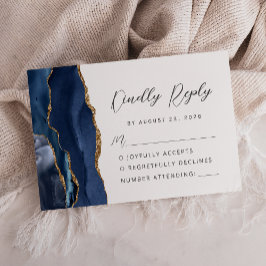 Agate Navy Blauwe Gouden Moderne Script Bruiloft RSVP Kaartje