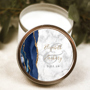Agate Navy Blauwe Gouden Schrift Marmeren Huwelijk Ronde Sticker