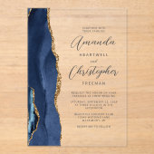 Agate Navy Blauwe Gouden Script Bruiloft Acryl Uitnodigingen (Voorkant)