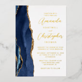 Agate Navy Blauwe Gouden Script Bruiloft Folie Uitnodiging (Voorkant)