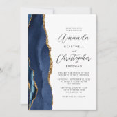 Agate Navy Blauwe Gouden Script Bruiloft Kaart (Voorkant)