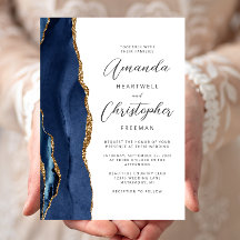Agate Navy Blauwe Gouden Script Bruiloft