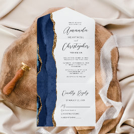 Agate Navy Blauwe Gouden Trouw All In One Uitnodiging