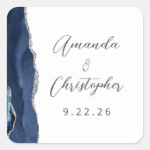 Agate Navy Blauwe Zilveren Script Bruiloft Vierkante Sticker (Voorkant)