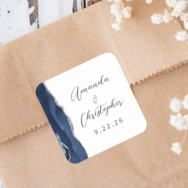 Agate Navy Blauwe Zilveren Script Bruiloft Vierkante Sticker