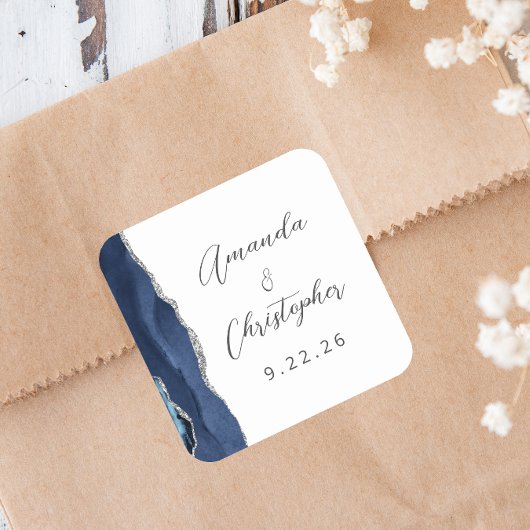 Agate Navy Blauwe Zilveren Script Bruiloft Vierkante Sticker