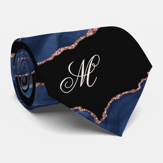Agate Navy Blue Glitter Luxury Monogram Stropdas (Opgerold)