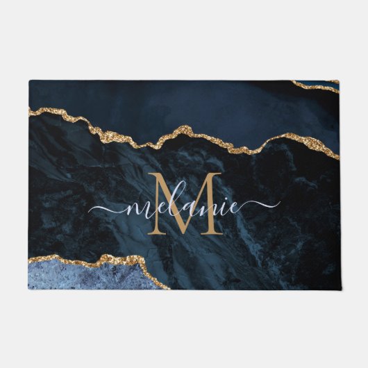 Agate Navy Blue Glitter Name Monogram Doormat Deurmat (Voorkant)