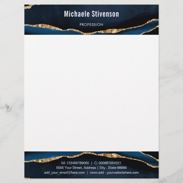 Agate Navy Blue Gold Address Name Info Letterhead Briefhoofd (Voorkant)