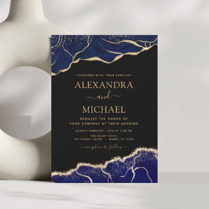 Agate Navy Blue Gold Blue Wedding Invitation Kaart