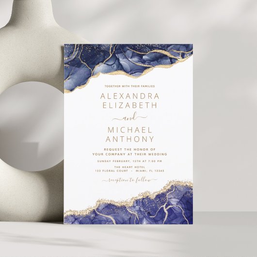 Agate Navy Blue Gold Blue Wedding Invitation Kaart