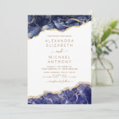 Agate Navy Blue Gold Blue Wedding Invitation Kaart (Staand voorkant)