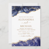 Agate Navy Blue Gold Blue Wedding Invitation Kaart (Voorkant)