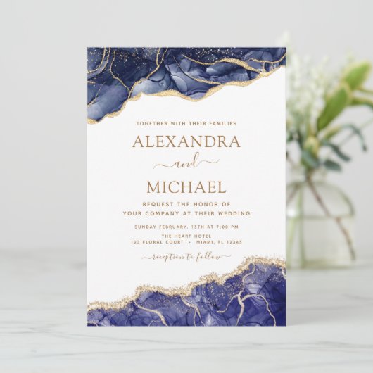 Agate Navy Blue Gold Blue Wedding Invitation Kaart (Staand voorkant)