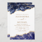 Agate Navy Blue Gold Blue Wedding Invitation Kaart (Voorkant / Achterkant)