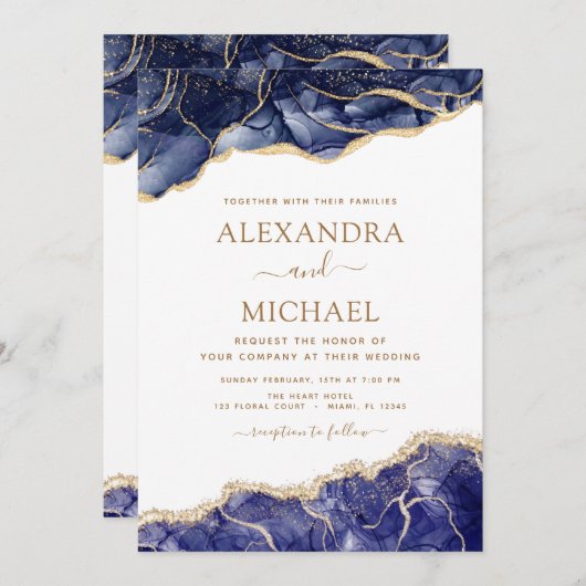 Agate Navy Blue Gold Blue Wedding Invitation Kaart (Voorkant / Achterkant)