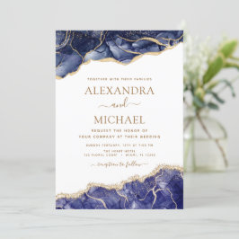 Agate Navy Blue Gold Blue Wedding Invitation Kaart