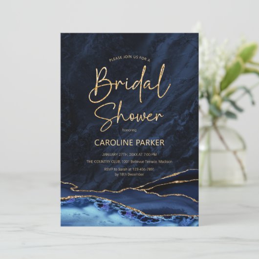 Agate Navy Blue Gold Bridal Shower Kaart (Staand voorkant)
