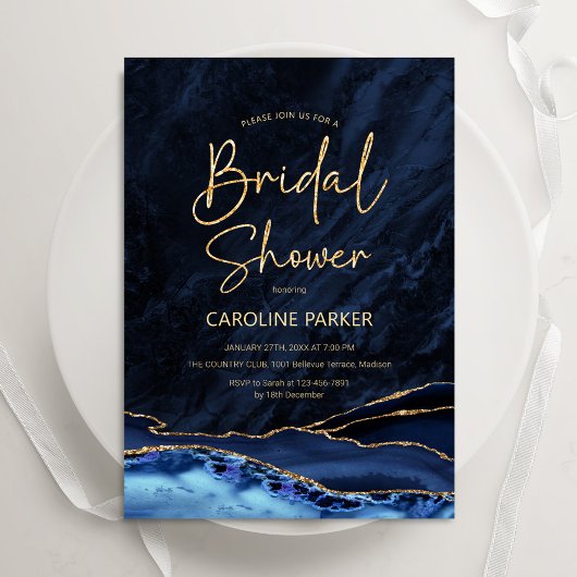 Agate Navy Blue Gold Bridal Shower Kaart
