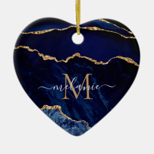 Agate Navy Blue Gold Gemstone Marble Jouw naam Keramisch Ornament