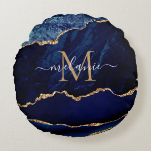 Agate Navy Blue Gold Gemstone Marble Jouw naam Rond Kussen