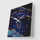 Agate Navy Blue Gold Gemstone Marble Jouw naam Vierkante Klok (Hoek)