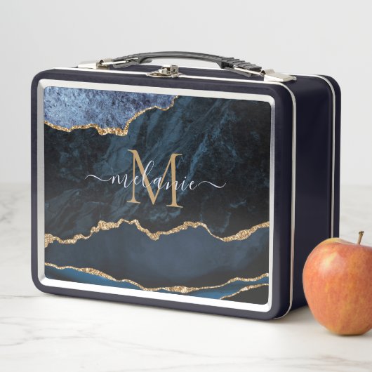 Agate Navy Blue Gold Gemstone Marble Monogram (In situ)