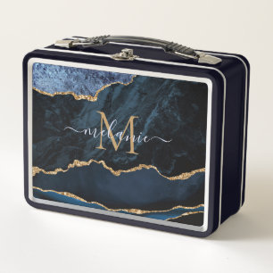 Agate Navy Blue Gold Gemstone Marble Monogram