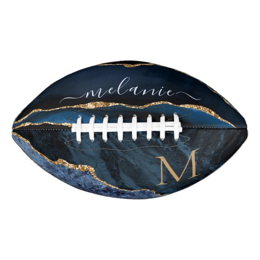 Agate Navy Blue Gold Gemstone Marble Monogram American Football (Voorkant)