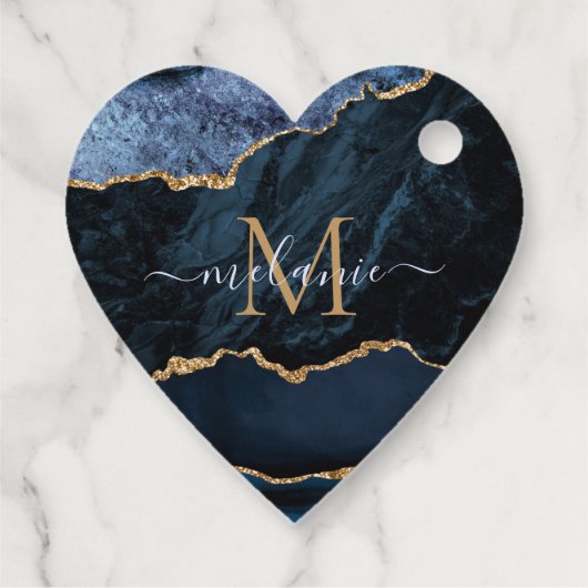 Agate Navy Blue Gold Gemstone Marble Monogram Bedankjes Labels (Achterkant)