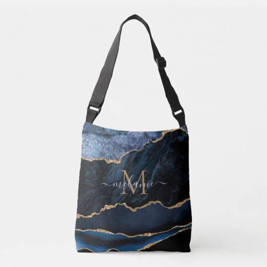 Agate Navy Blue Gold Gemstone Marble Monogram Crossbody Tas (Voorkant)