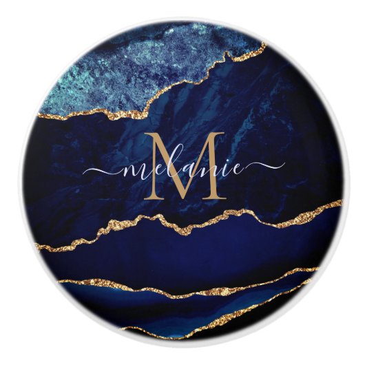 Agate Navy Blue Gold Gemstone Marble Monogram Keramische Knop (Voorkant)