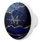 Agate Navy Blue Gold Gemstone Marble Monogram Keramische Knop (Rechts)