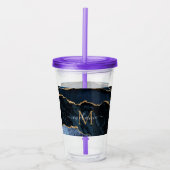 Agate Navy Blue Gold Gemstone Marble Monogram Naam Acryl Drinkbeker (Voorkant)