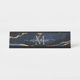 Agate Navy Blue Gold Gemstone Marble Monogram Naam Bureau Naambordje