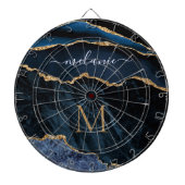 Agate Navy Blue Gold Gemstone Marble Monogram Naam Dartbord (Voorkant)