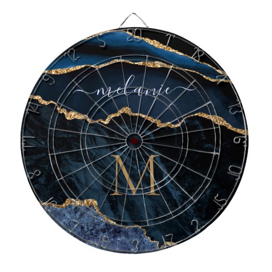 Agate Navy Blue Gold Gemstone Marble Monogram Naam Dartbord (Voorkant)