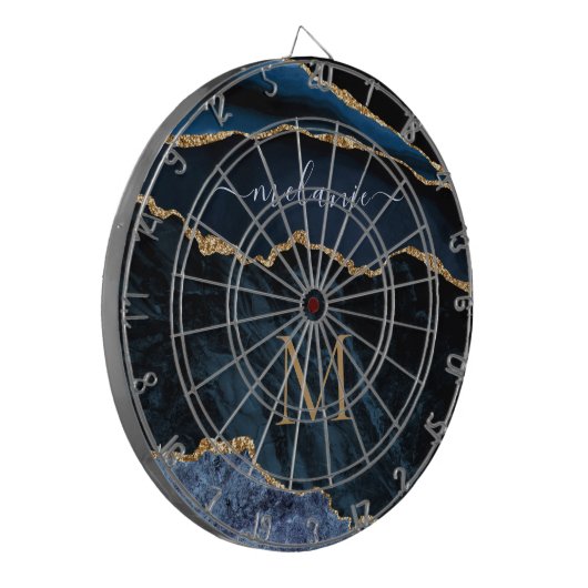 Agate Navy Blue Gold Gemstone Marble Monogram Naam Dartbord (Voorkant Links)
