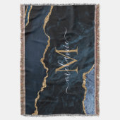 Agate Navy Blue Gold Gemstone Marble Monogram Naam Deken (Voorkant Verticaal)