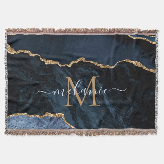 Agate Navy Blue Gold Gemstone Marble Monogram Naam Deken (Voorkant)