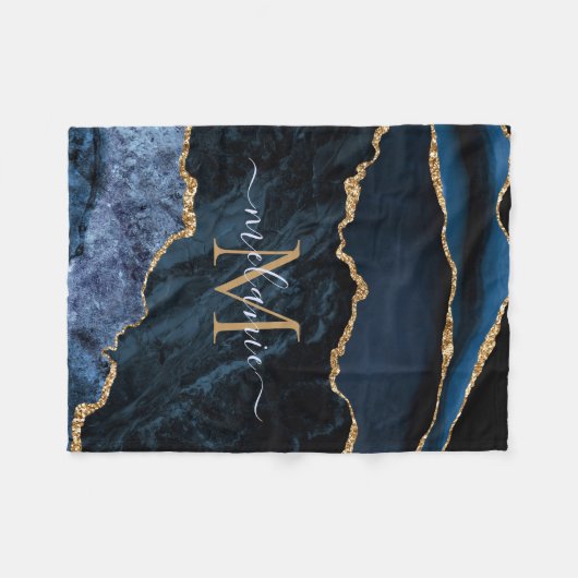 Agate Navy Blue Gold Gemstone Marble Monogram Naam Fleece Deken (Voorkant (Horizontaal))