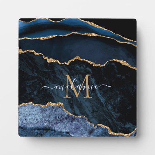 Agate Navy Blue Gold Gemstone Marble Monogram Naam Fotoplaat (Voorkant)