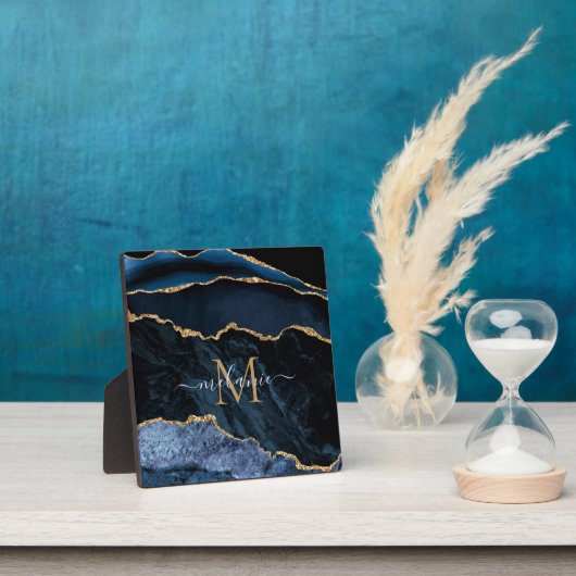 Agate Navy Blue Gold Gemstone Marble Monogram Naam Fotoplaat (Insitu)
