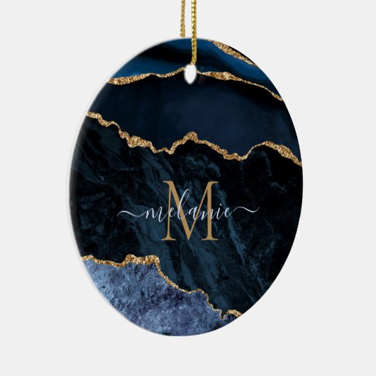 Agate Navy Blue Gold Gemstone Marble Monogram Naam Keramisch Ornament (Rechts)
