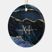 Agate Navy Blue Gold Gemstone Marble Monogram Naam Keramisch Ornament (Links)