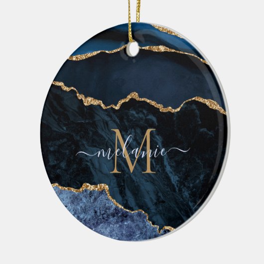Agate Navy Blue Gold Gemstone Marble Monogram Naam Keramisch Ornament (Links)